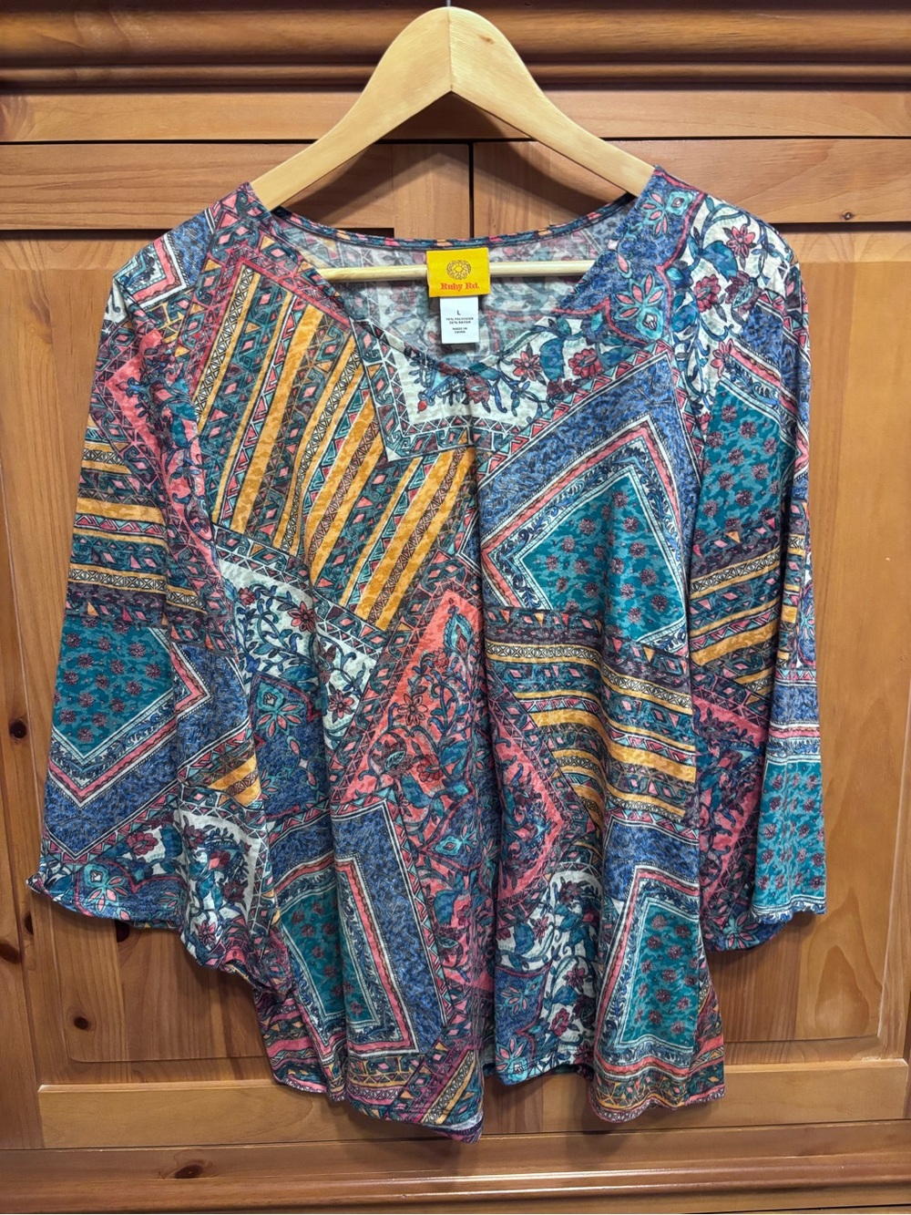 Ruby Rd. Teal Coral and Mustard Patchwork Print Tunic